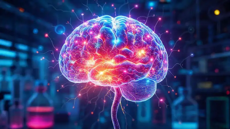 Ilustración futurista del cerebro y conexiones neuronales