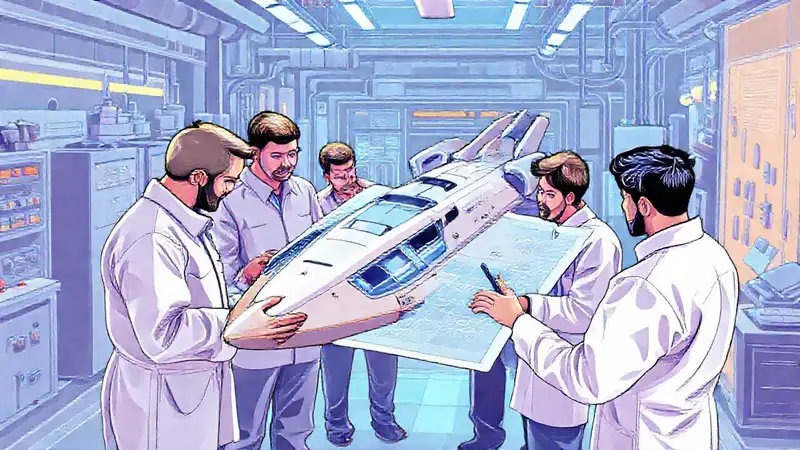 Ingenieros diseñan nave espacial futurista colaborando juntos