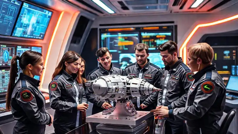 Equipo colaborando en modelo de nave espacial