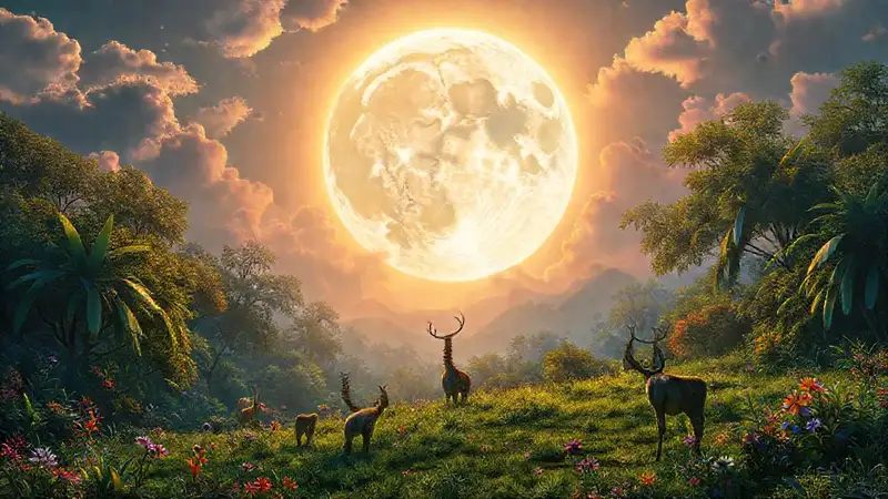 Supermoon ilumina paisaje y animales en calma