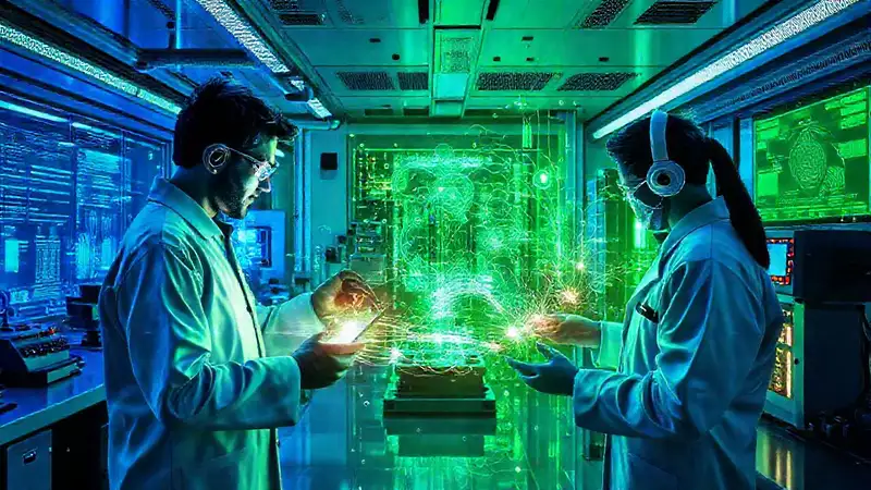 Laboratorio futurista con energía y datos digitales