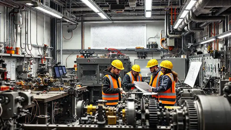 Laboratorio de ingeniería con estudiantes y maquinaria futurista