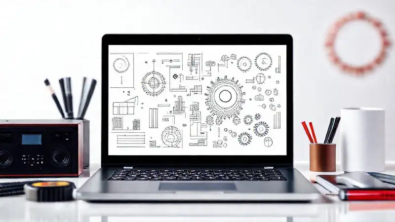 Laptop con diagramas y herramientas de ingeniería