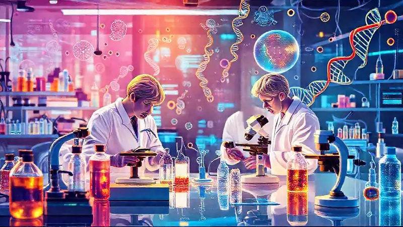 Laboratorio innovador con científicos y tecnología futurista