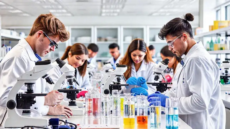 Estudiantes en laboratorio biológico moderno y organizado