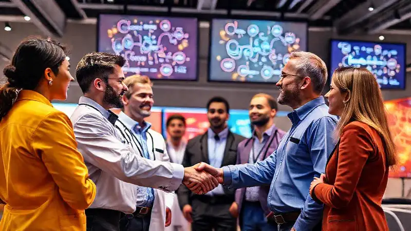 Ingenieros colaborando en evento moderno y vibrante