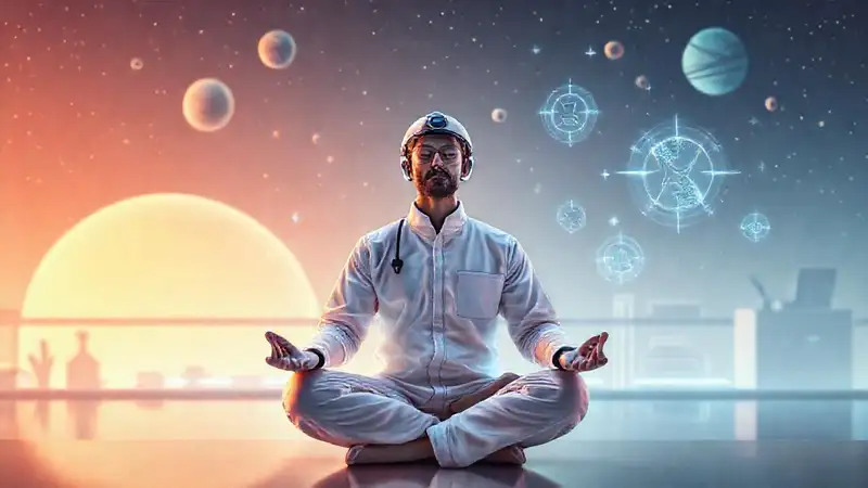Ingeniero meditativo en ambiente futurista y calmado