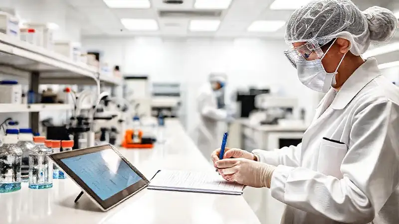 Registro experimental en laboratorio con equipo y notas