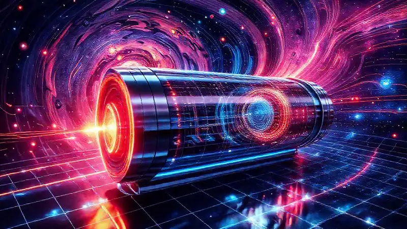 Máquina del tiempo futurista con efectos galácticos