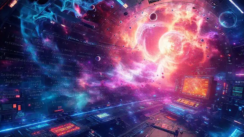 Laboratorio espacial futurista con partículas y neblinas