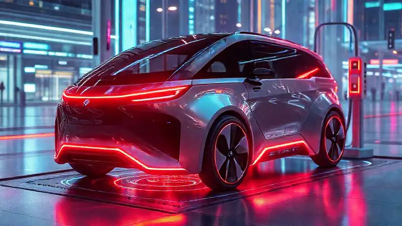 Vehículo eléctrico futurista en estación inalámbrica moderna
