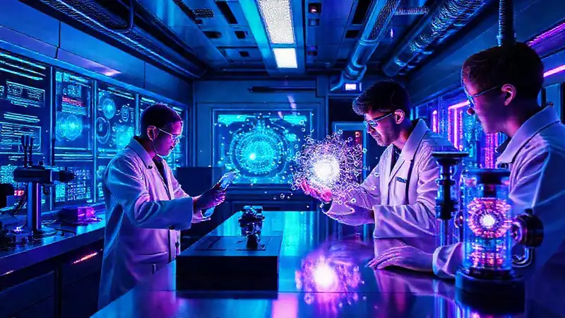 Laboratorio futurista con simulaciones y visualizaciones digitales