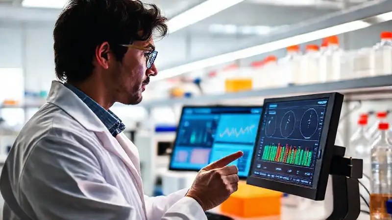 Científico analiza datos en laboratorio moderno