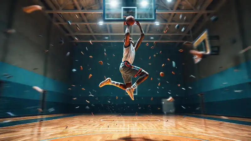 Jugador de baloncesto saltando con efecto gravitacional