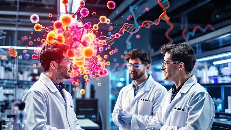 Investigadores en laboratorio con ADN y tecnología futurista