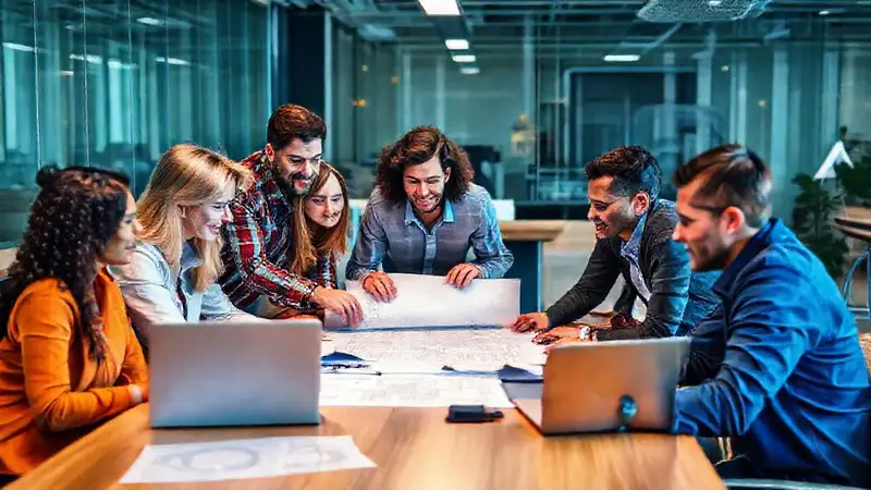Equipo de ingenieros colaborando en oficina moderna