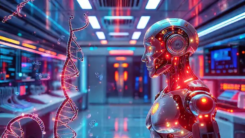 Laboratorio futurista con IA y ADN holográfico