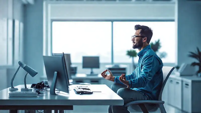 Ingeniero relajado meditando en espacio minimalista
