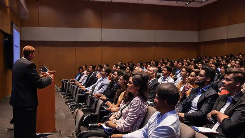 Conferencia con audiencia atenta en ambiente moderno