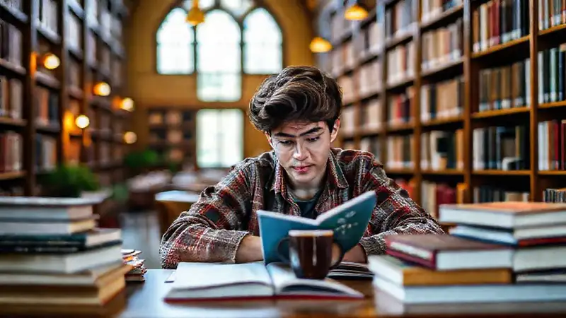 Estudiante estudiando en una biblioteca tranquila