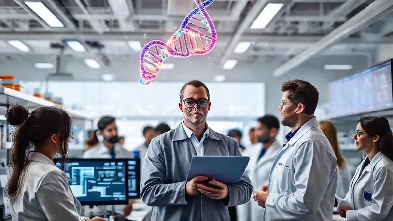 Ingeniero en laboratorio con ADN y equipo diverso