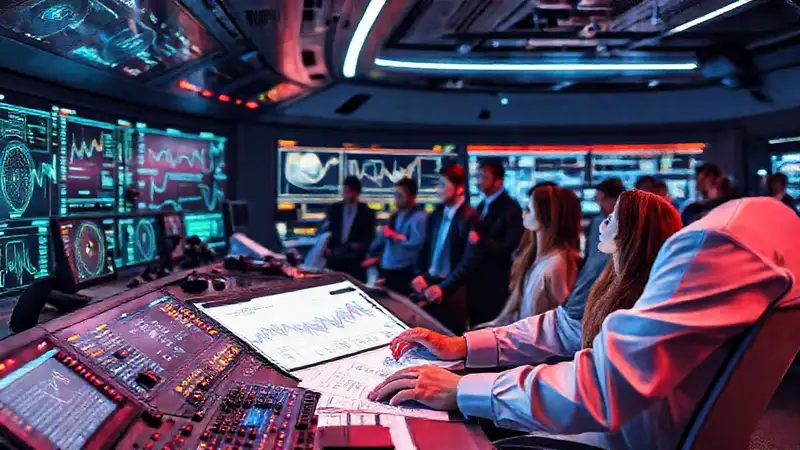 Ingeniero aeroespacial en entorno futurista colaborativo