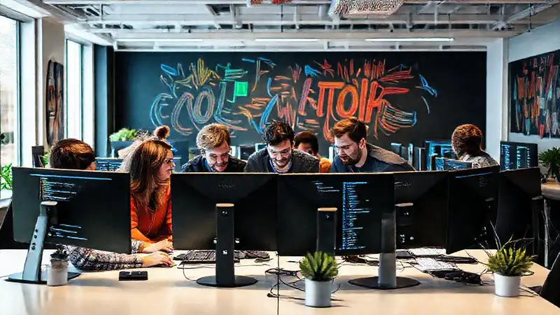 Equipo de desarrolladores trabajando en un entorno innovador