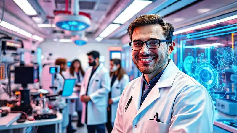 Laboratorio biomédico futurista con ingenieros innovadores