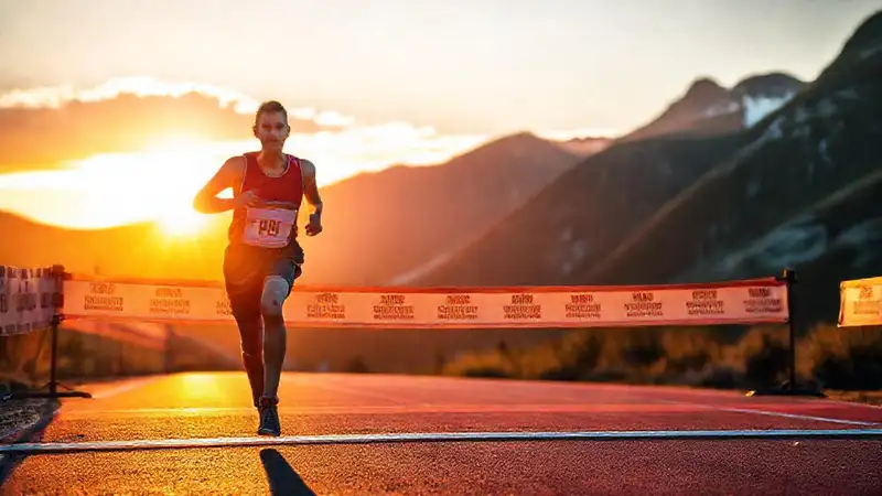 Persona motivada cruza la meta con determinación