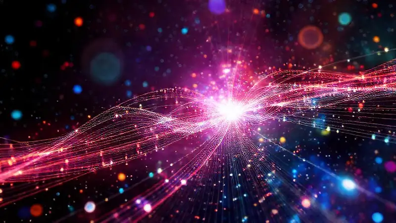 Visualización científica con energía y patrones vibrantes