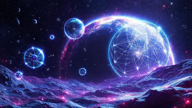 Paisaje futurista espacial con hologramas y agujero negro