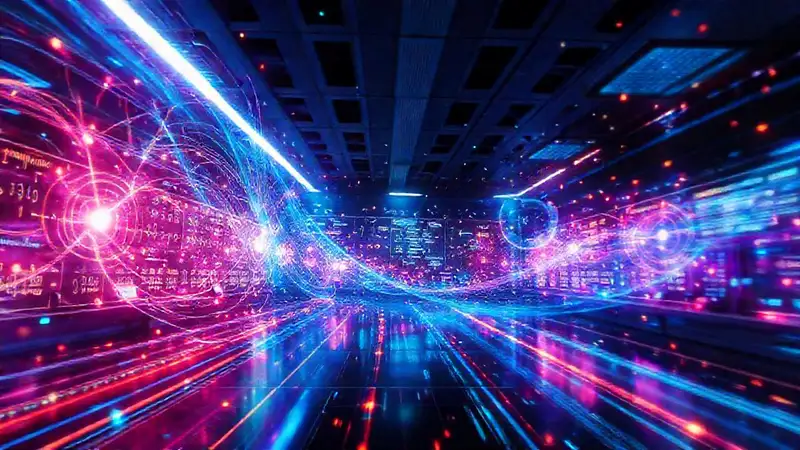 Laboratorio futurista con física avanzada y luz