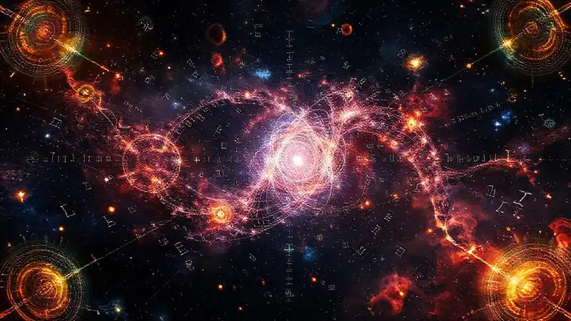 Escena cósmica futurista con ecuaciones brillantes