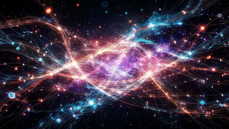 Conexión cósmica luminosa y símbolos abstractos