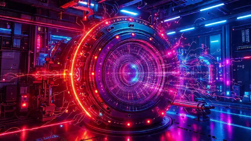 Colisionador futurista con símbolos cuánticos brillantes