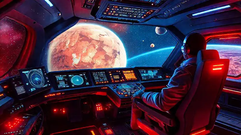 Cabina futurista con controles y paisaje cósmico