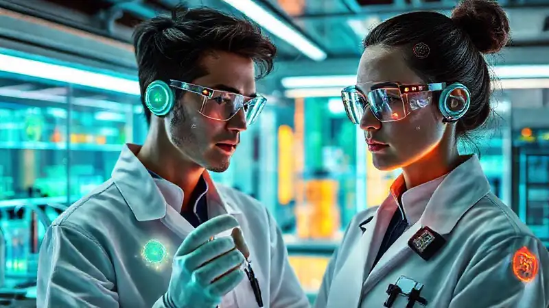 Laboratorio futurista con científicos y tecnología avanzada