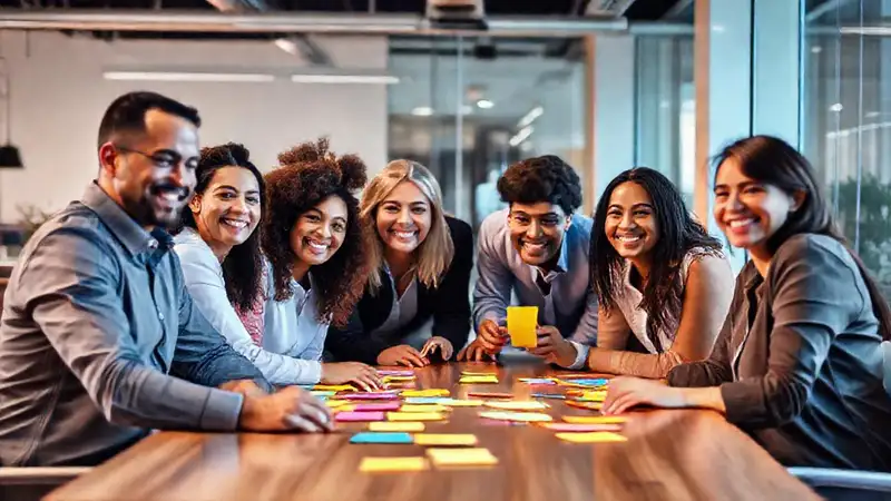 Equipo diverso colabora unido en oficina moderna