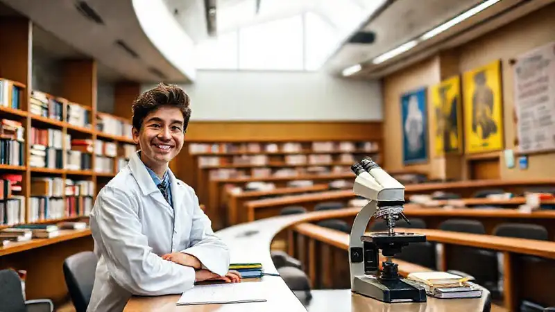 Aula moderna con científico joven y libros