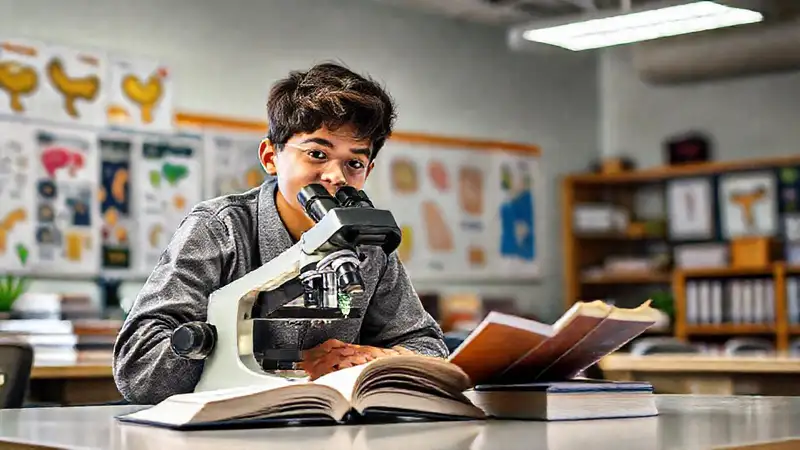 Estudiante de biología en aula moderna