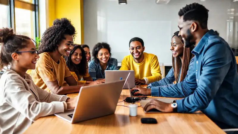 Equipo diverso colaborando en una oficina moderna