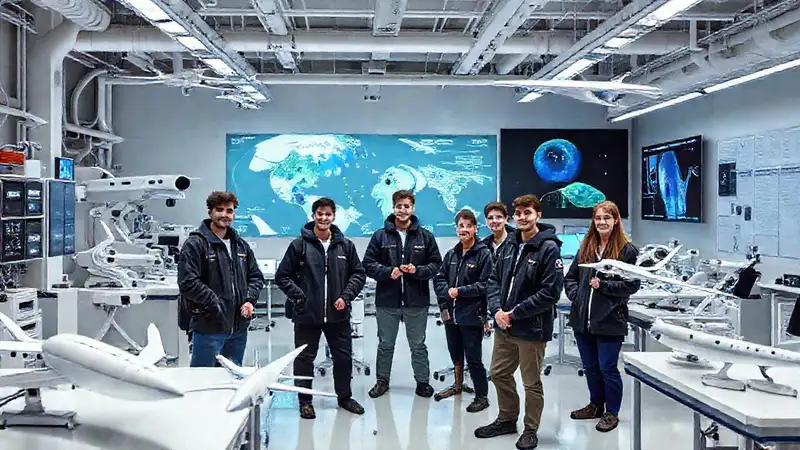 Campus universitario con estudiantes y tecnología aeroespacial