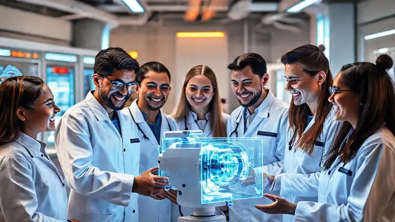 Equipo diverso trabajando en innovador dispositivo médico