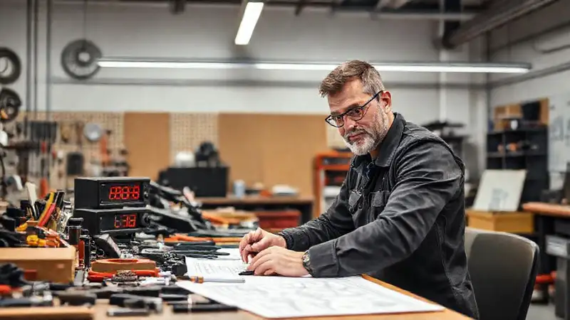 Ingeniero mecánico organiza herramientas en taller moderno