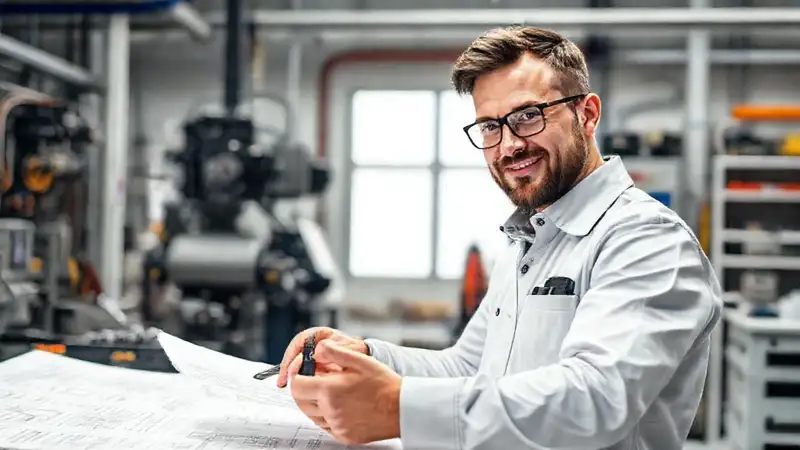 Ingeniero trabaja en planos mecánicos modernos