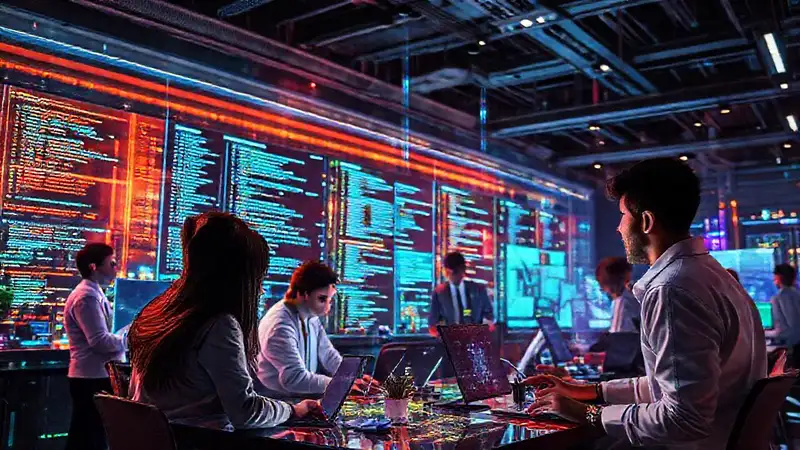 Espacio digital futurista con profesionales colaborando