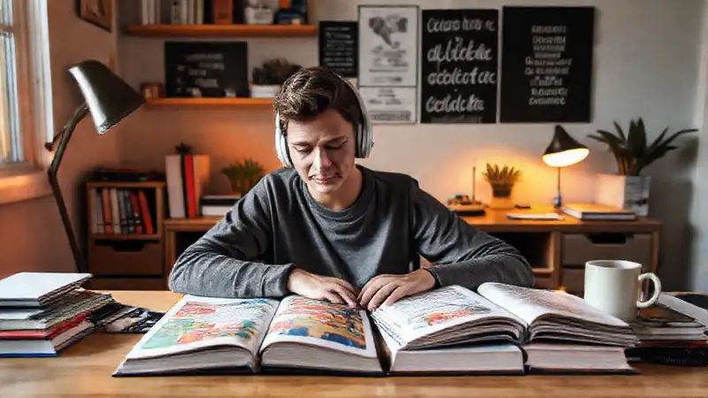 Estudiante estudia en un ambiente organizado y motivador