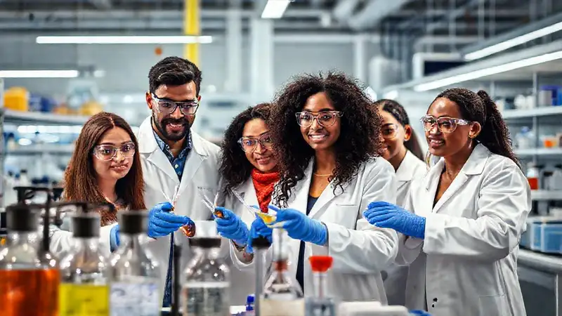 Equipo diverso innovando en laboratorio moderno