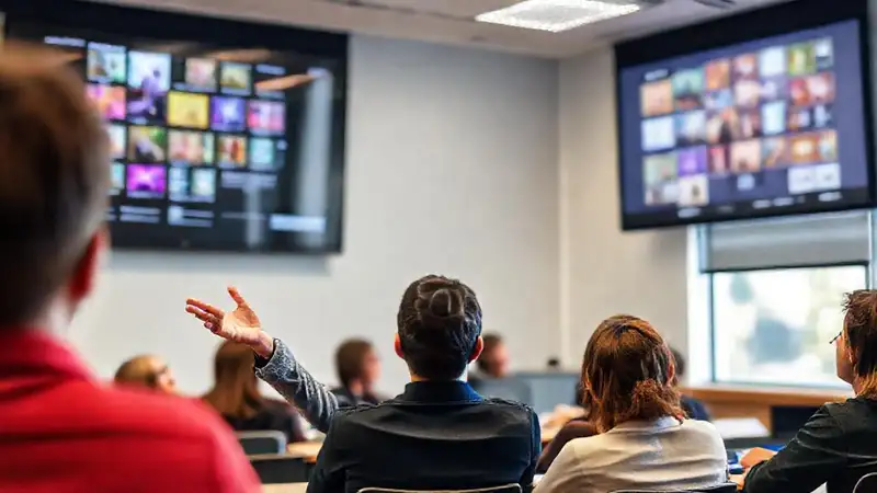 Estudiante seguro presenta en aula moderna