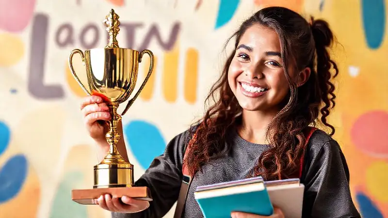 Estudiante feliz con trofeo y ambiente motivador